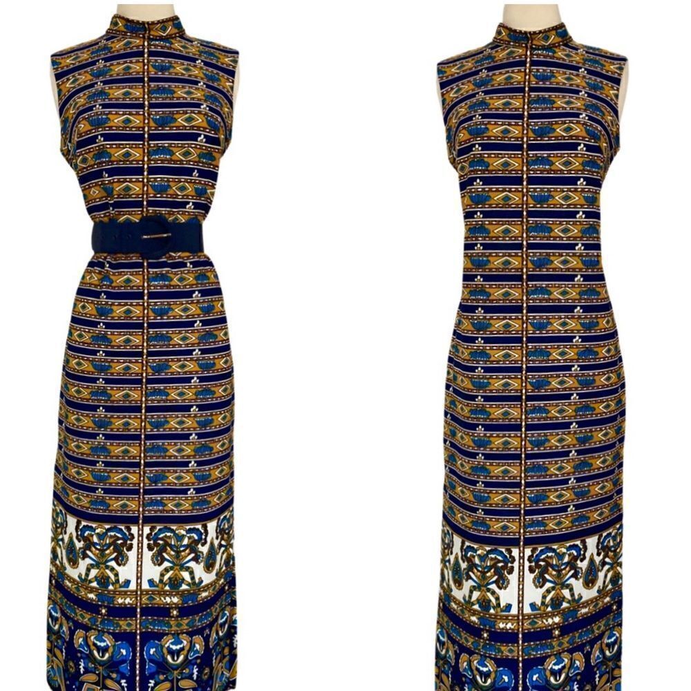 One of a Kind 1960s / 1970s Handmade Printed Mock Neck Side Slit Maxi Dress